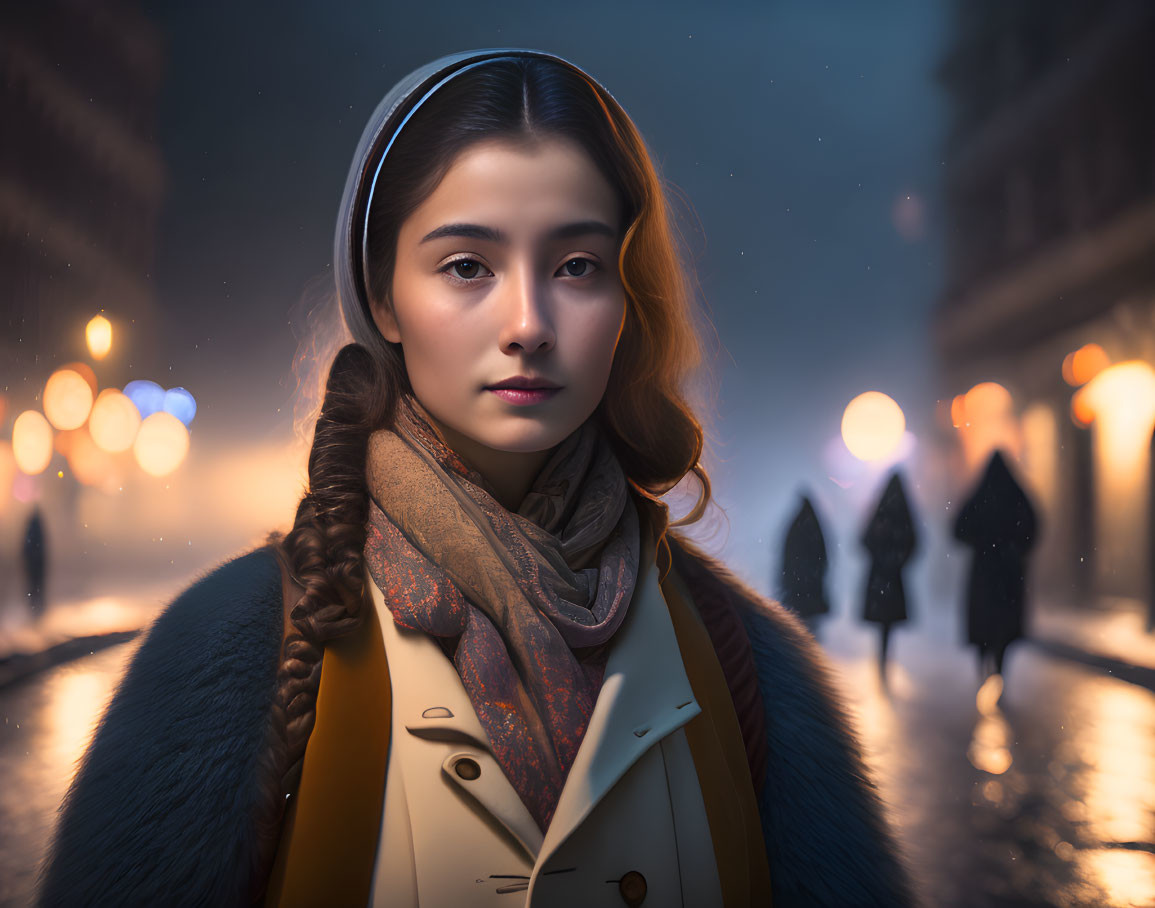 Young woman with braid and headphones on evening street with blurred figures