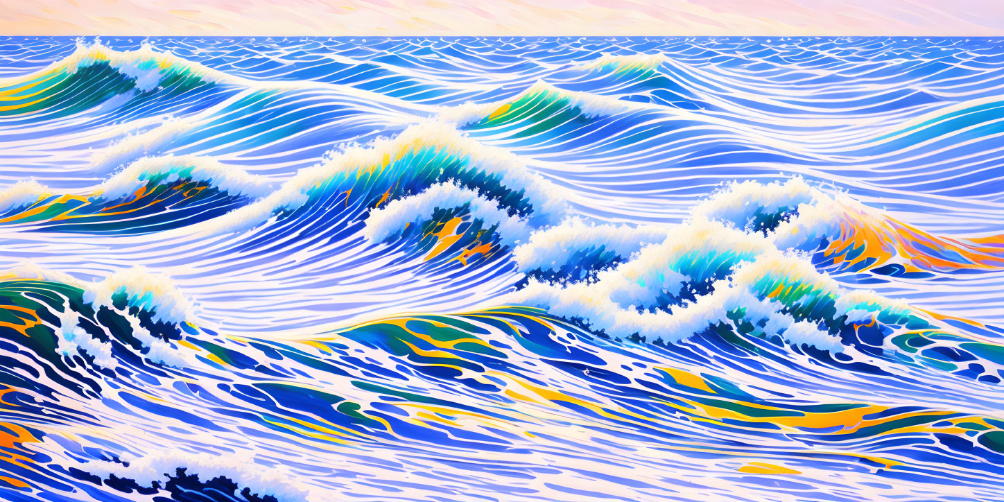 Colorful Ocean Waves Painting with Dynamic Lines and Vibrant Colors