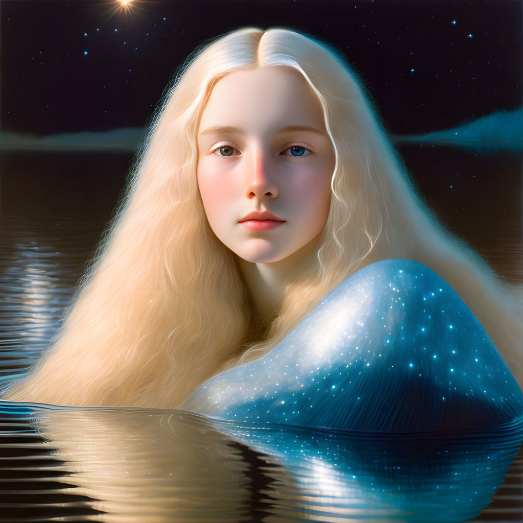 Blonde woman in water under starry night sky