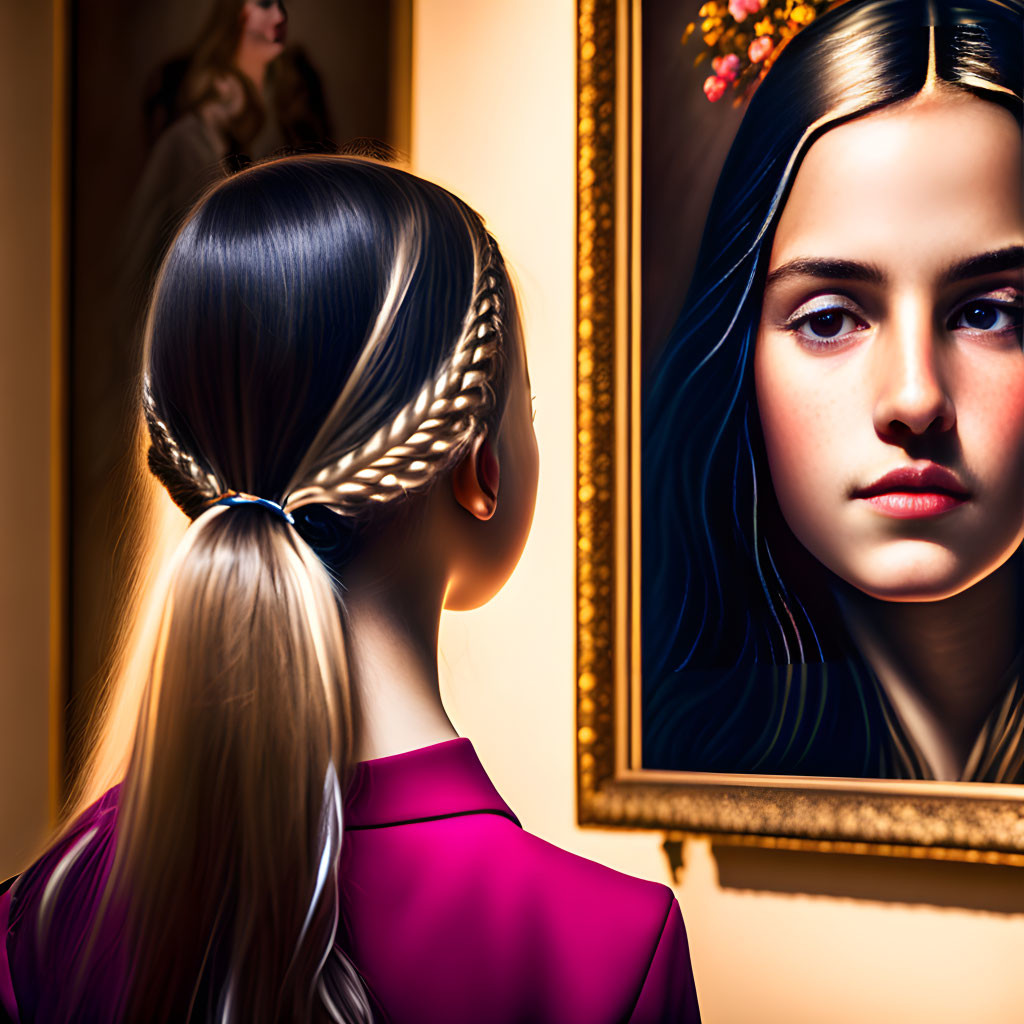 Young woman with braided hair gazes at reflection in framed mirror in magenta top