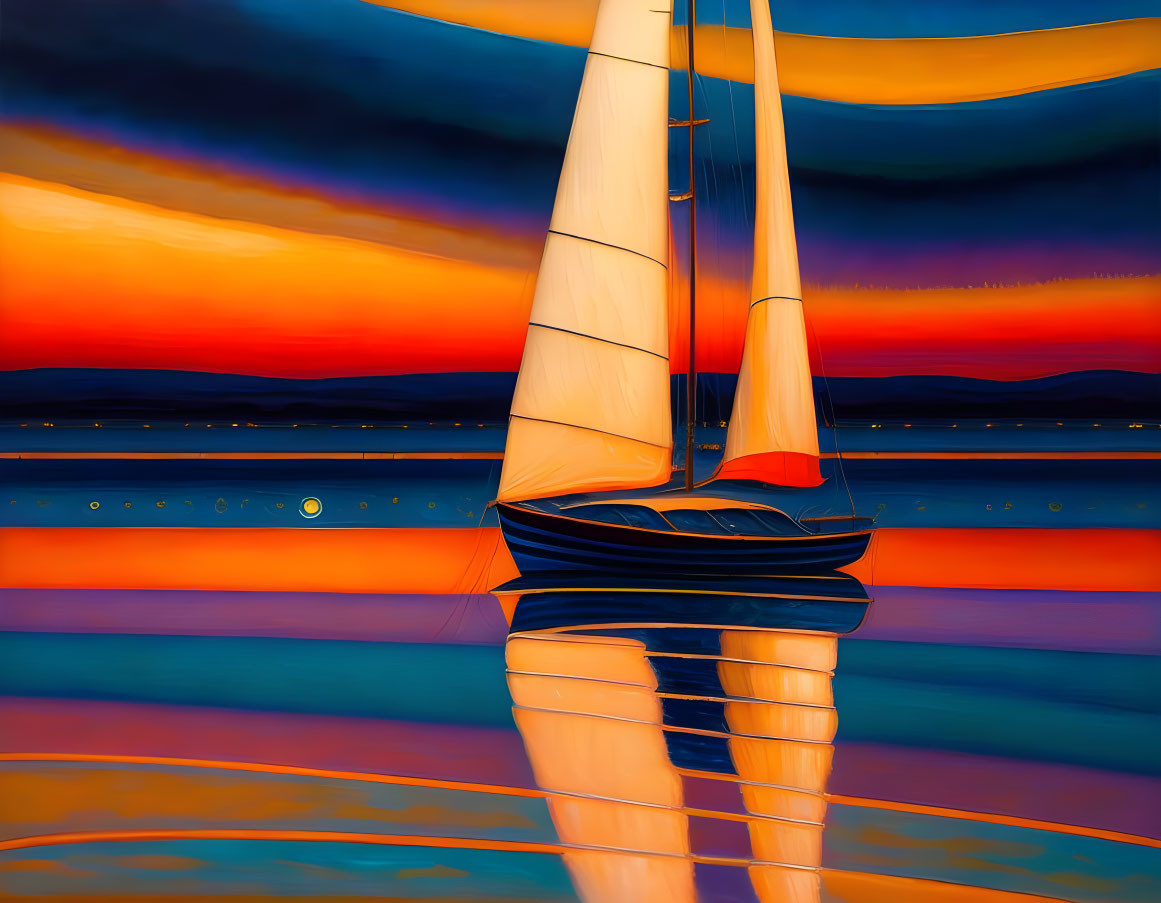 Colorful Sailboat Artwork with Calm Water Reflections