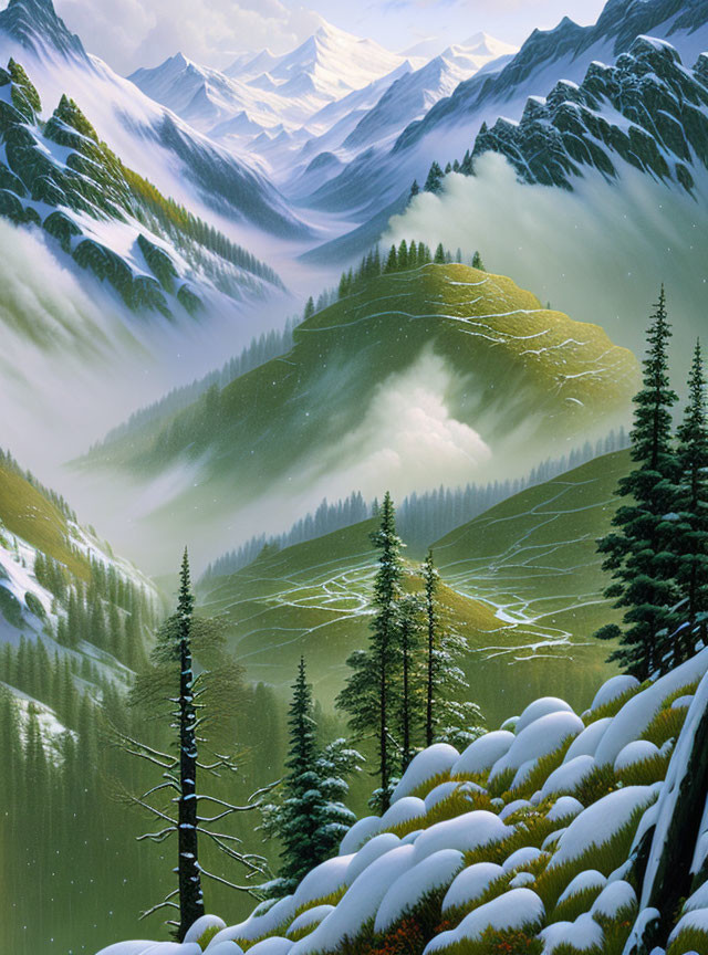 Snow-capped mountains and misty valleys in picturesque landscape.