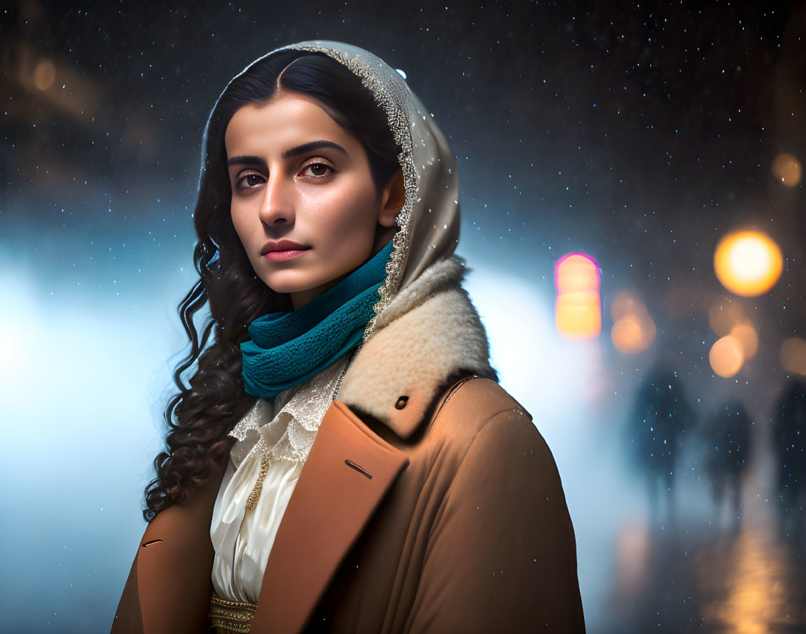 Dark-haired woman in scarf stands in soft-focus nighttime scene with snowflakes.