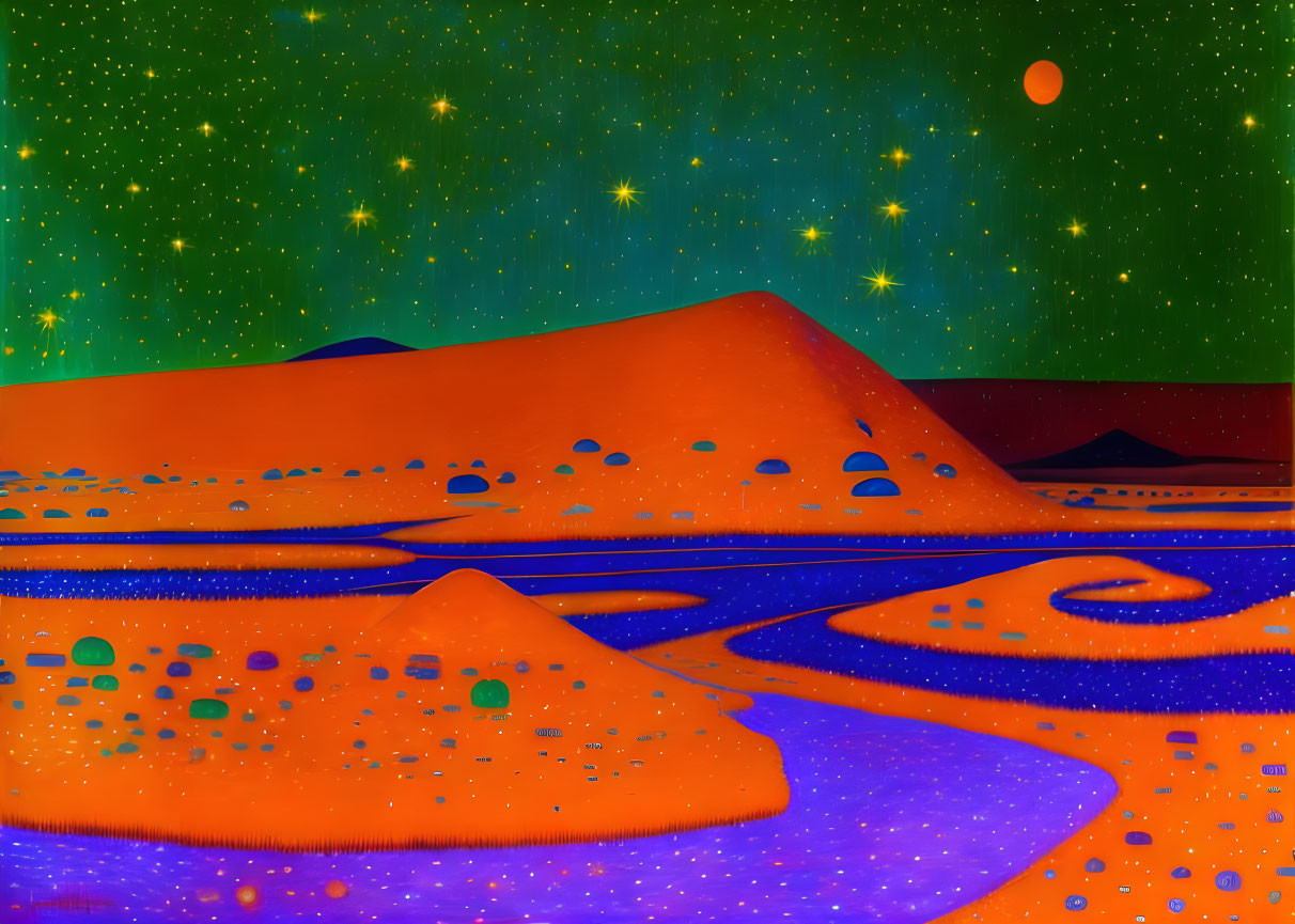 Colorful surreal landscape: orange hills, blue rivers, red moon, starry sky