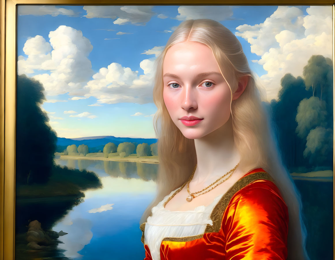 Fair-haired woman in red and gold Renaissance dress by serene river and blue sky