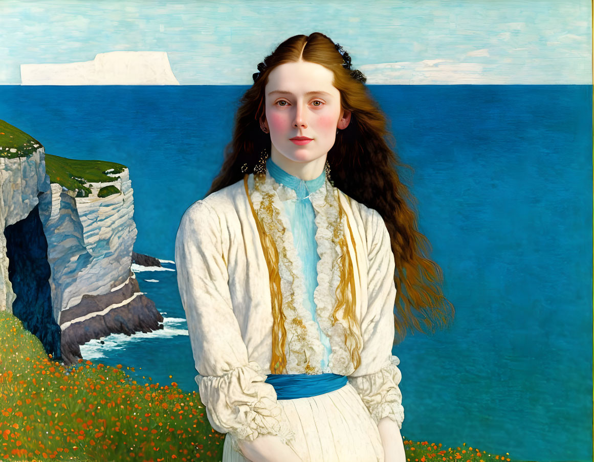 Red-haired woman in white blouse by coastal cliffs.