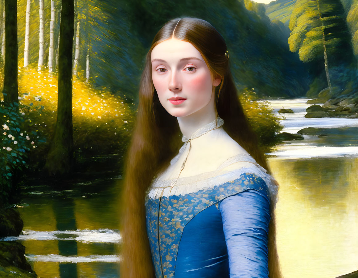 Digital art portrait: Woman with long brown hair in blue dress, forest and river backdrop