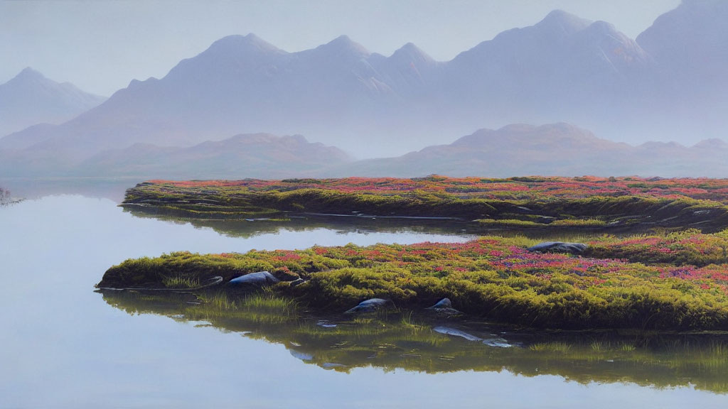 Tranquil landscape with lake, colorful flora, and misty mountains