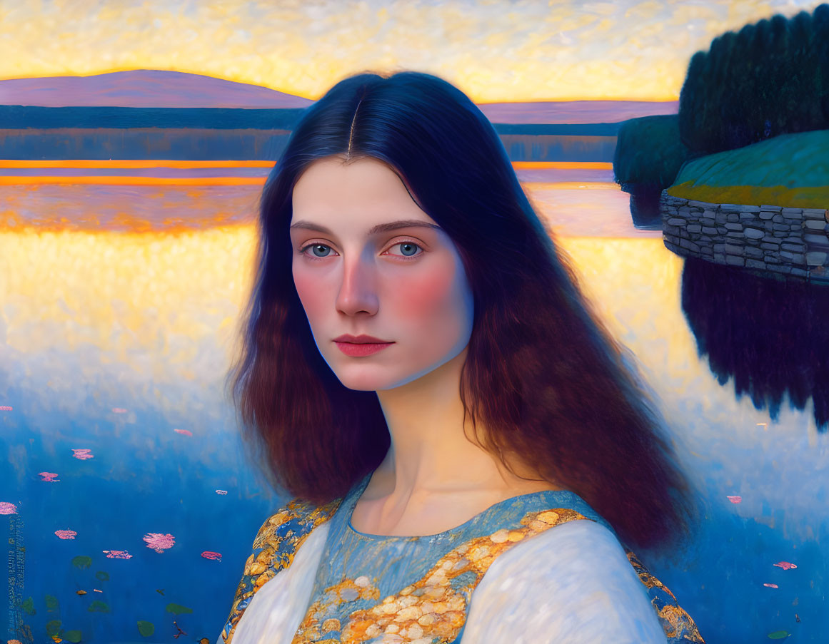 Woman with Blue Eyes and Brown Hair in Sunset Portrait by Tranquil Lake