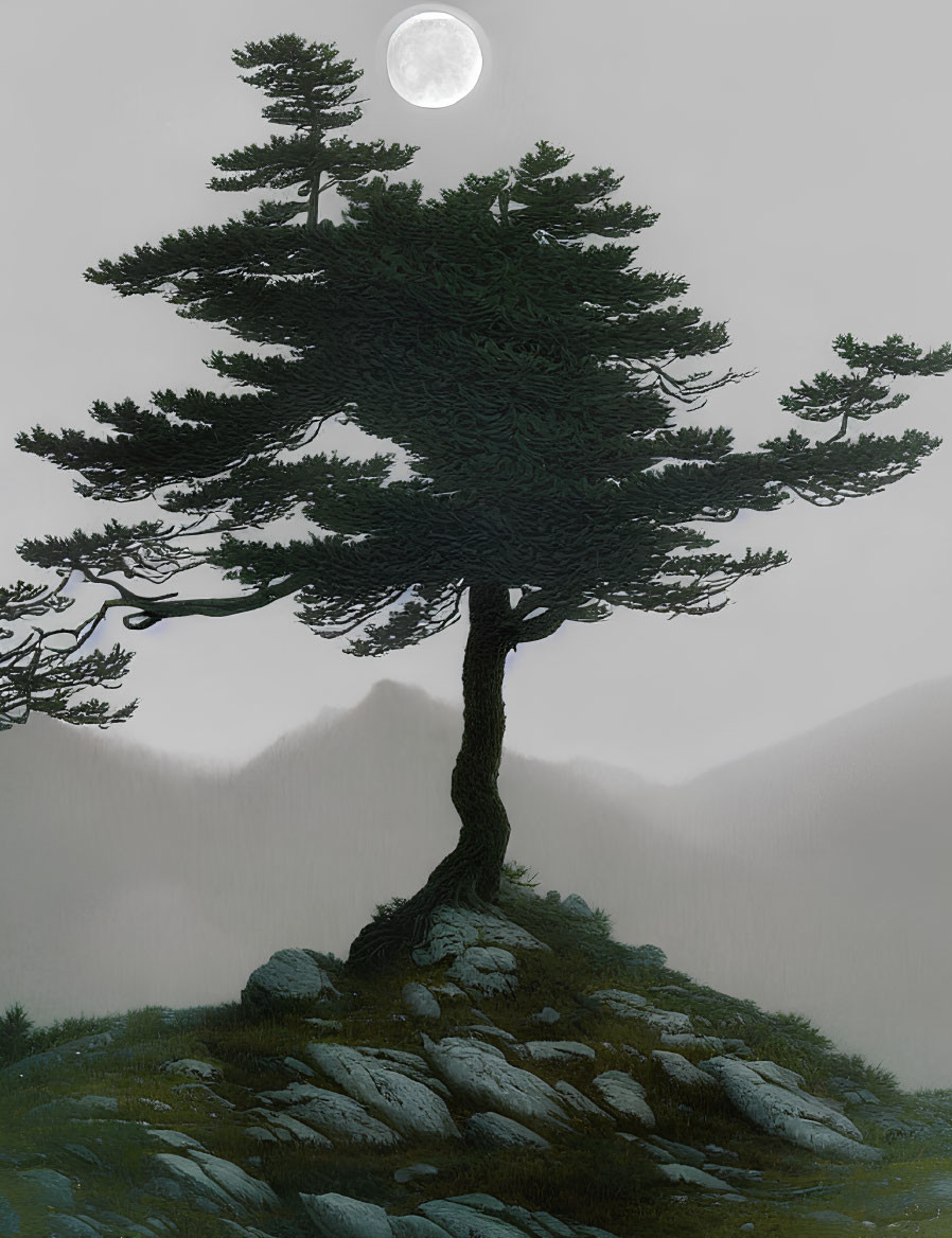 Serene landscape: solitary tree on rocky outcrop under full moon