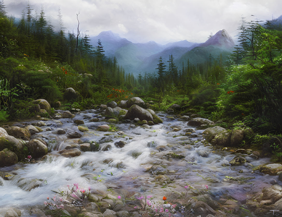 Tranquil mountain landscape with river, rocks, wildflowers, and misty peaks