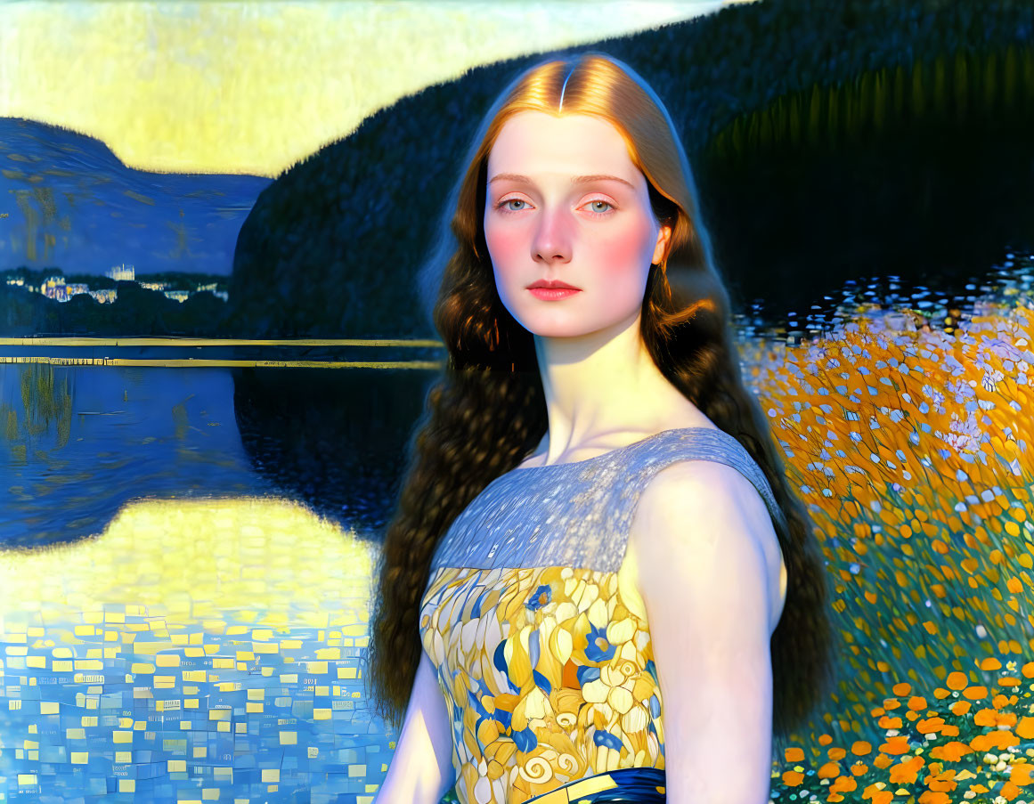 Red-haired woman in blue dress amid stylized water and hills in blue, yellow, green.