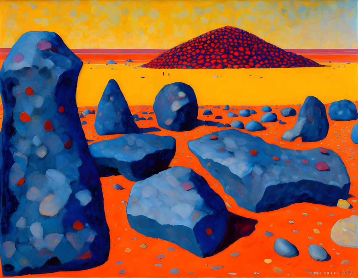 Blue Rocks with Red Spots on Orange Background: Abstract Art Landscape