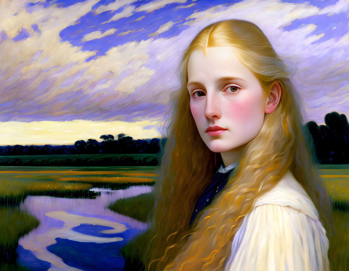 Portrait of Young Woman with Golden Hair in Blue Attire Against Dramatic Landscape