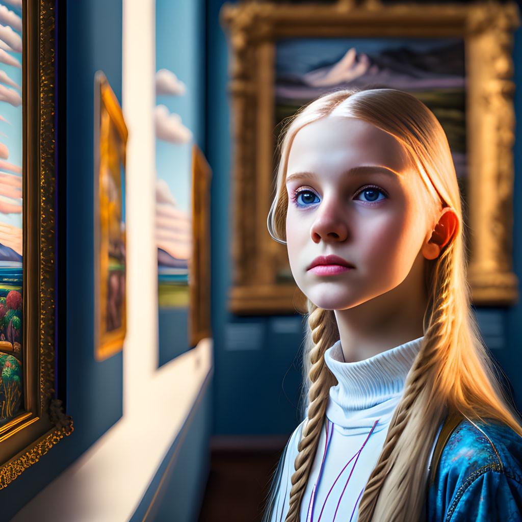 Blonde girl with braids in museum setting with paintings and bright window