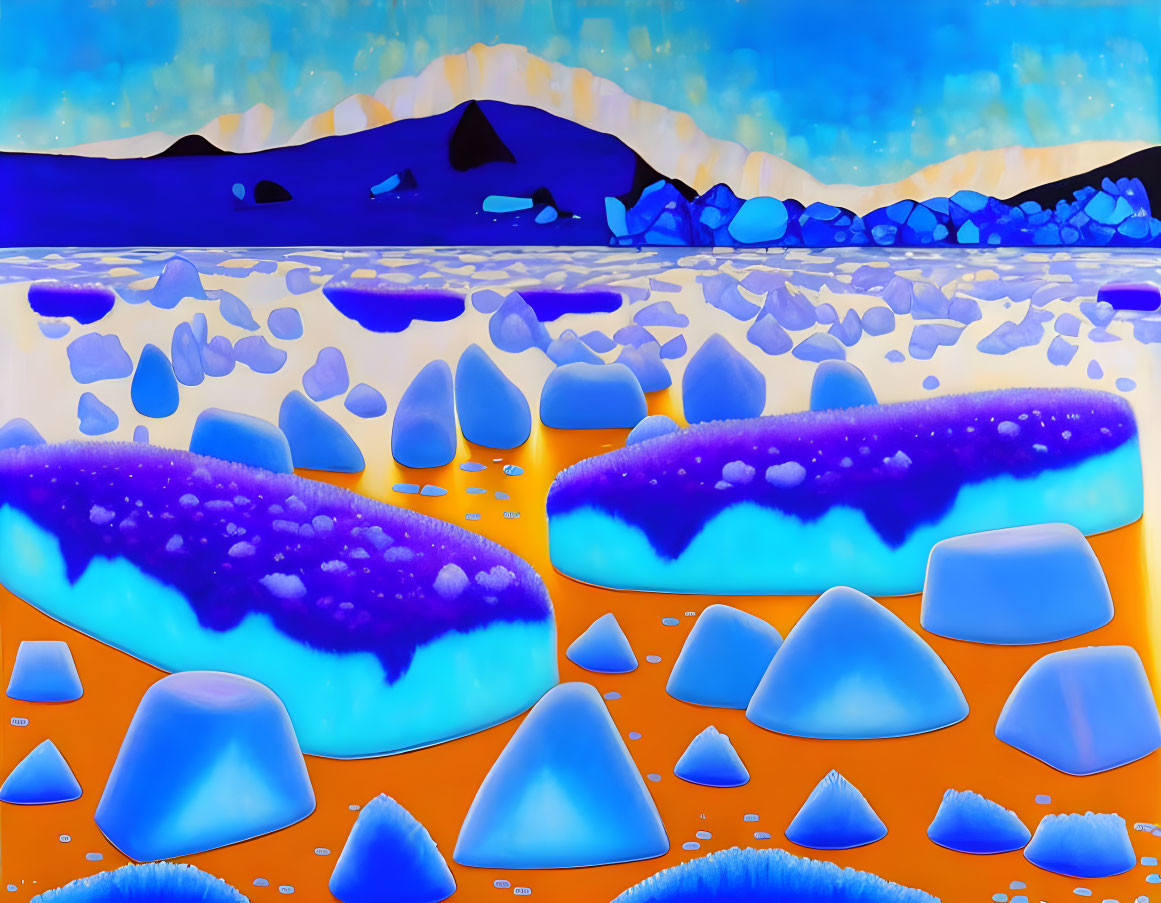 Vibrant surreal landscape: blue and orange geometric shapes under yellow sky