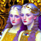 Two girls with golden hair and yellow dresses on decorative gold background