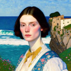 Portrait of a woman merging with oceanic landscape and seaside cliffs in vibrant painting