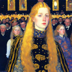 Detailed painting of pale woman in gold gown with crowd.