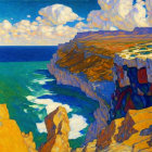 Colorful Cliff Coastline Painting with Blue Sea and Yellow Rocks