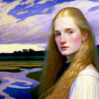 Portrait of Young Woman with Golden Hair in Blue Attire Against Dramatic Landscape