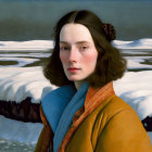 Young woman in yellow coat against snowy landscape