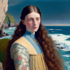 Woman with Long Brown Hair in Floral Dress by Coastal Seascape