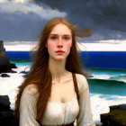 Young woman with long hair by stormy sea and cliffs.