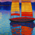 Colorful Sailboat Painting Reflecting on Blue Water at Sunset/Sunrise