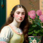 Young woman portrait with flowing hair and pink flowers in pot, floral wall and door.