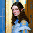 Young woman in blue vintage dress with ruffles against blue and gold wall