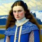 Portrait of young woman with long brown hair in blue dress against mountain landscape