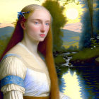 Red-haired woman in medieval attire by river at sunset