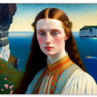 Portrait of woman with long auburn hair in historical dress by coastal cliff with boat.