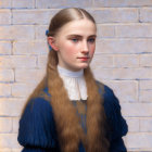 Young girl with long blonde hair in blue dress against brick wall.