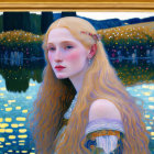 Blonde woman portrait in golden frame by tranquil lake