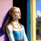 Blonde woman in blue dress gazes out open window on sunny day