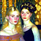 Painting of Two Women with Golden and Blue Aura and Floral Details