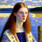 Red-haired woman in blue and gold dress against water and cloud landscape