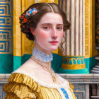 Portrait of young woman with intricate hair in golden dress and lace collar on blue ornate background.