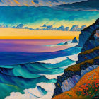 Seaside cliff painting with flowers and sunset view