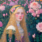 Portrait of young woman with long blonde hair in lush rose garden