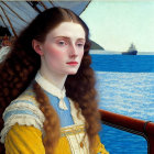 Portrait of Young Woman with Auburn Hair in Blue and Yellow Outfit by Ship on Ocean