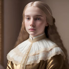 Fair-Haired Woman in Gold Elizabethan Dress with Lace Collar and Ornate Background