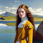 Portrait of woman with long red hair in yellow dress against serene lake and blue skies