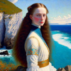 Detailed painting: Woman with auburn hair in blue dress on cliff by ocean.