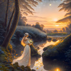 Woman in flowing gown by serene river at sunset with lush trees and fireflies