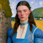 Portrait of young woman in blue dress with floral patterns, choker, and gold earrings against pastoral landscape