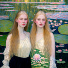 Two women with long hair in floral water garden painting.