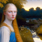 Woman with Long Red Hair and Blue Eyes in Sunset Landscape